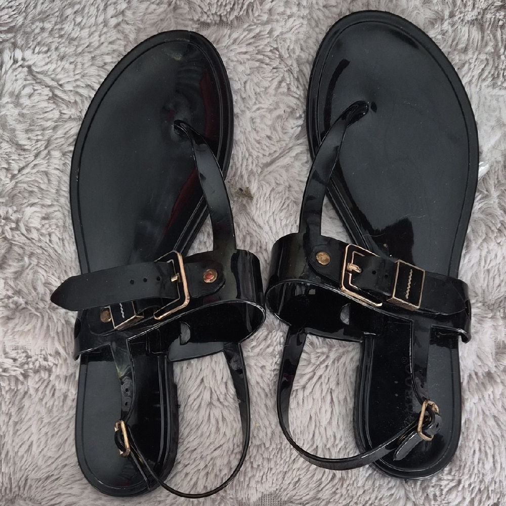 BAMBOO Black Patent Sandals with Buckle